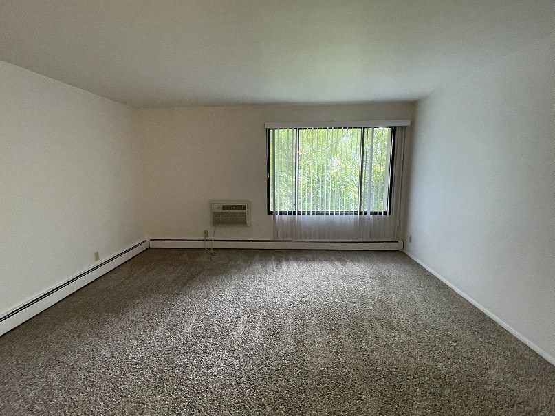 an empty room with a window and a carpeted floor