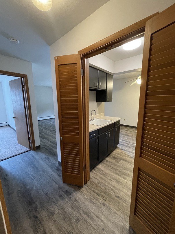 a view of the kitchen from the living room