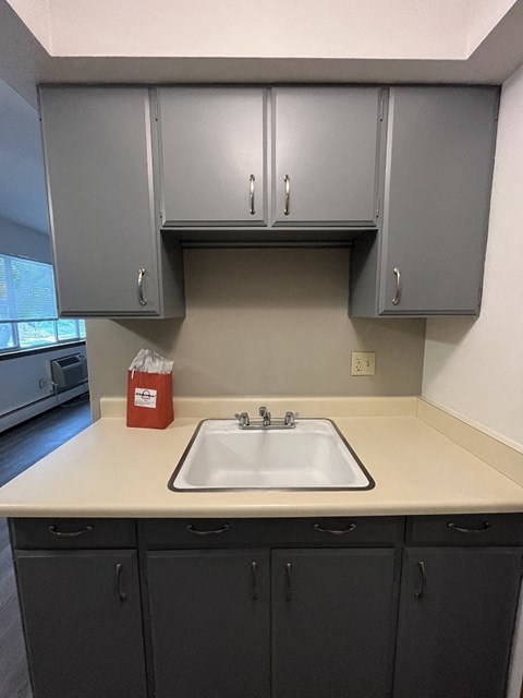 an empty kitchen with a sink and cabinets