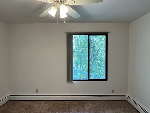 A room with a ceiling fan and a window showing trees outside.