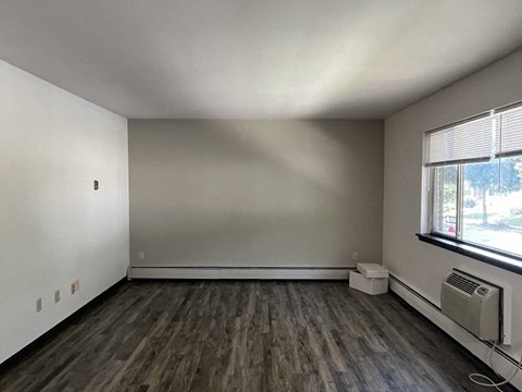 A room with a window and a heater on the wall.