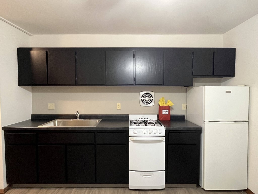 A white stove and refrigerator in a kitchen with black cabinets.