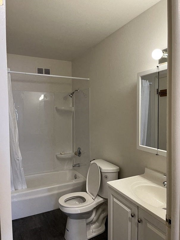 A white toilet sits in a bathroom next to a sink and a bathtub.