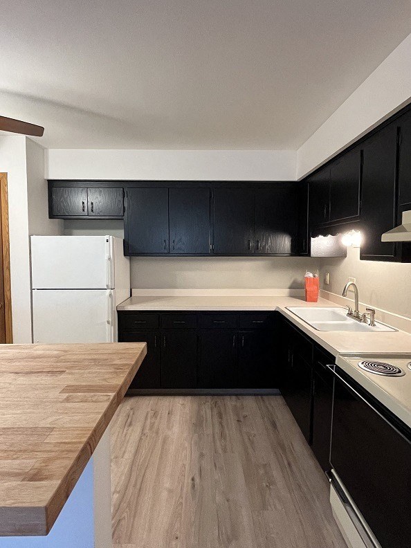 a kitchen with black cabinets and a sink and a refrigerator