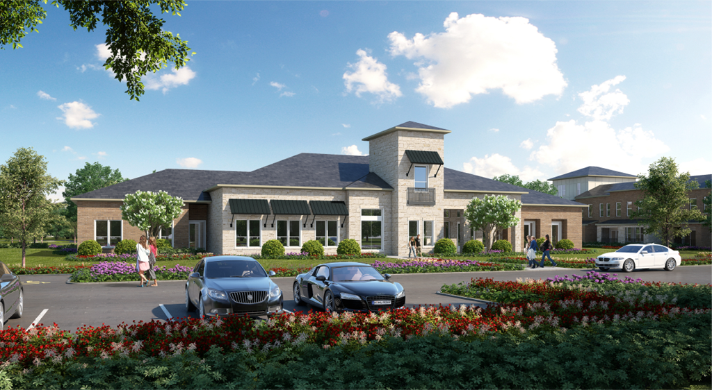 A modern house with a grey roof and a large front yard with a flower bed and parked cars.