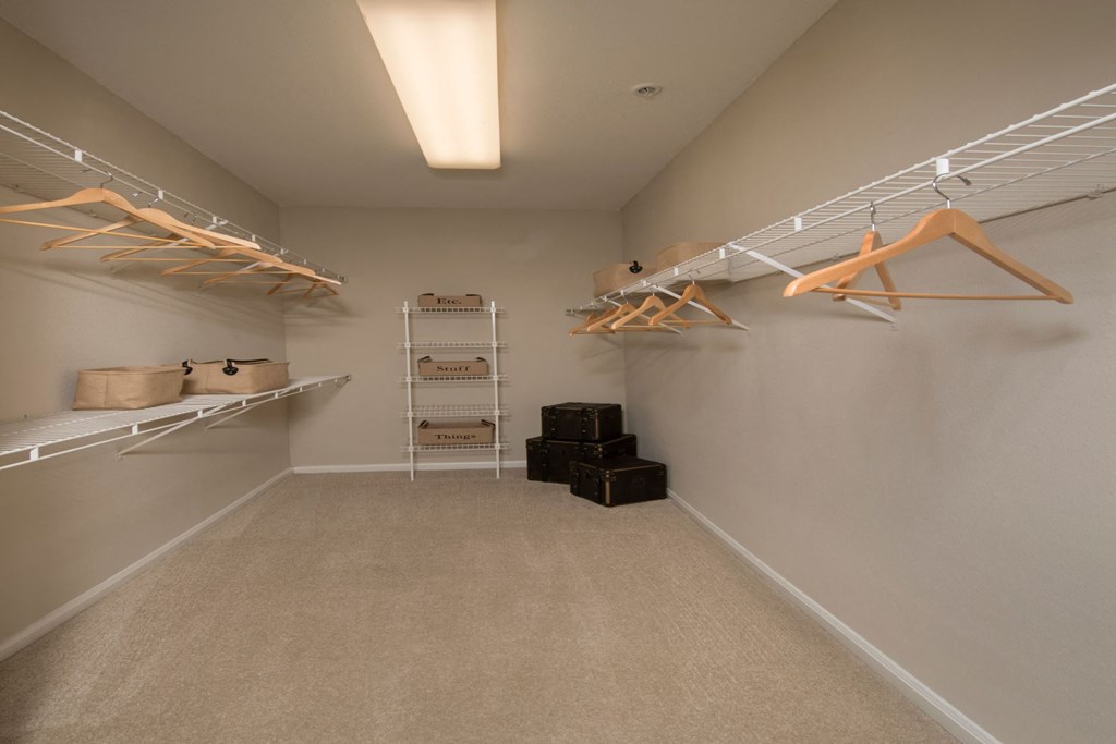 Apartment's walk-in closet with built-in shelving