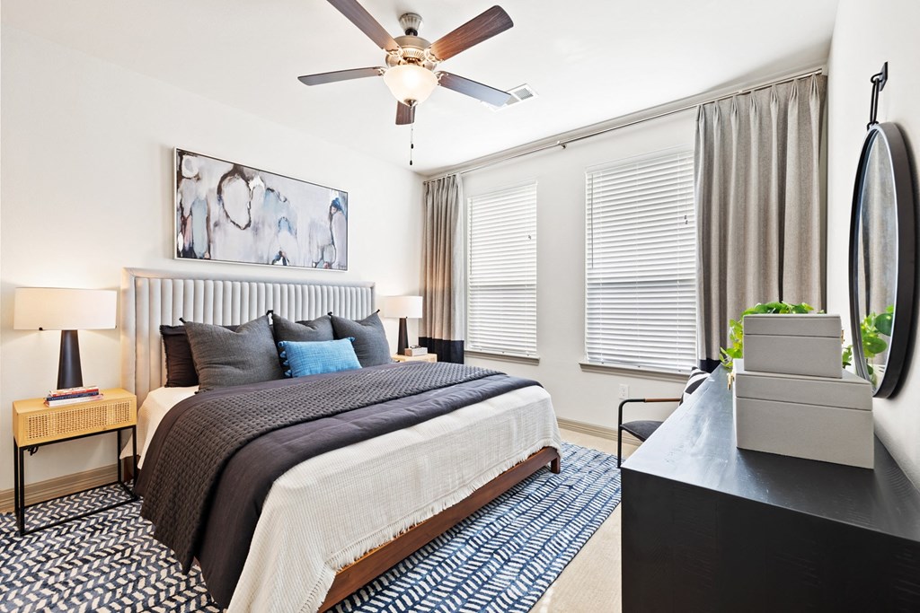 Apartment bedroom with ceiling fan