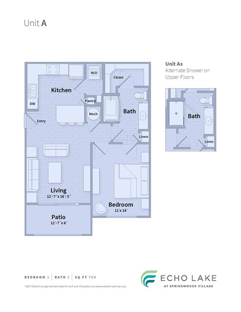 A floor plan of a unit with a kitchen, living room, and bathrooms.