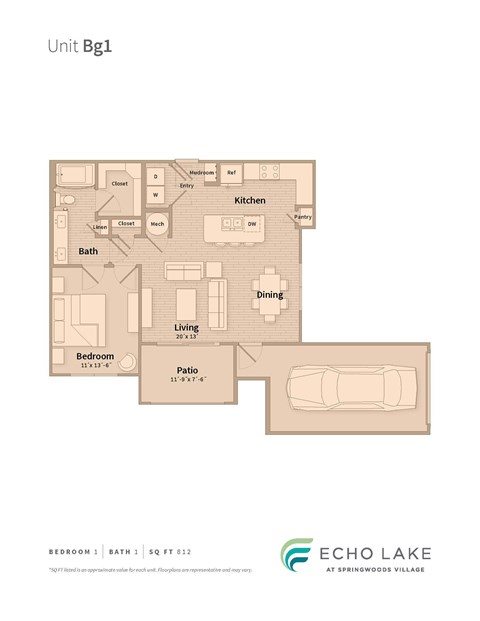 A floor plan of a unit at Echo Lake at Springwoods Village.