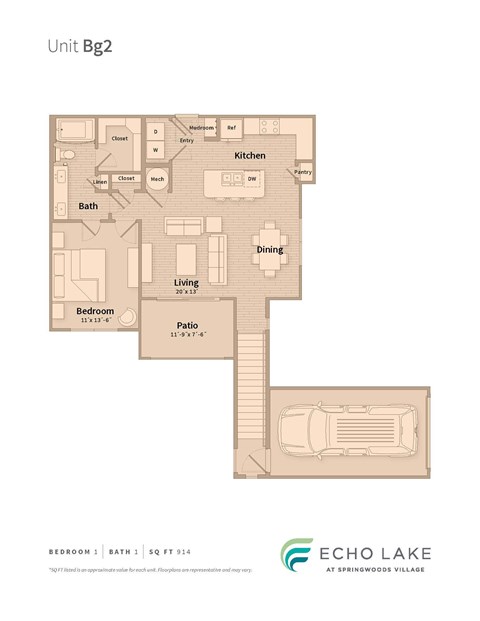 A floor plan of a unit at Echo Lake at Springwoods Village.