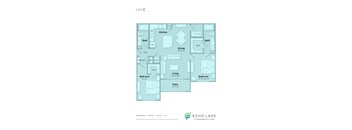 A floor plan of a unit with a kitchen, dining area, living room, two bedrooms and a bathroom.