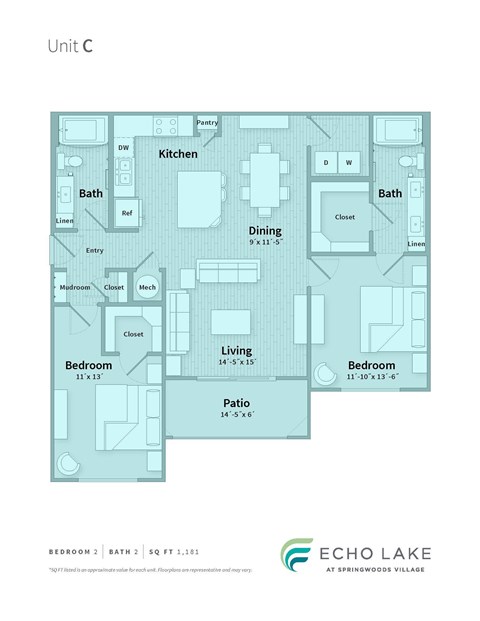 A floor plan of a unit with a kitchen, dining area, living room, two bedrooms and a bathroom.