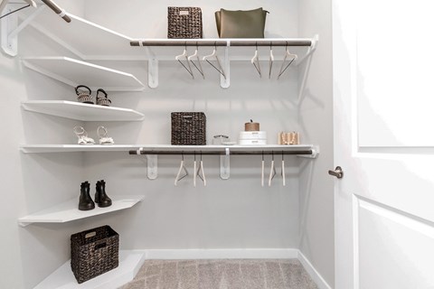 Walk-in closet with wood shelving 