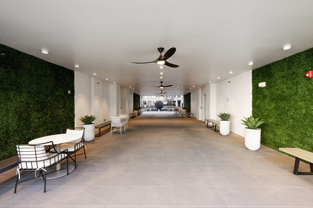 Covered walkway with seating