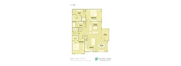 A floor plan of a unit with a living room, two bedrooms, a bathroom, a patio, a kitchen, and a dining area.