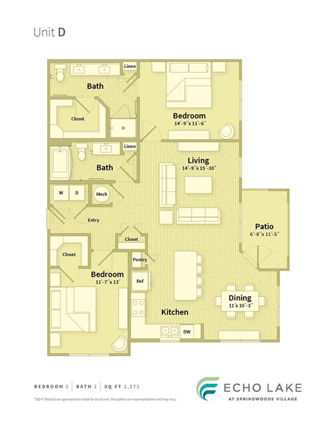 A floor plan of a unit with a living room, two bedrooms, a bathroom, a patio, a kitchen, and a dining area.