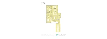 A floor plan of a unit with a bedroom, bathroom, living room, dining room, kitchen, and patio.