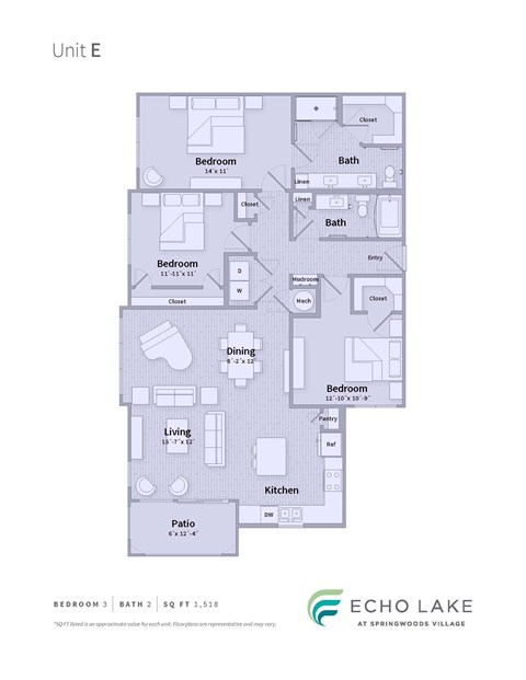 A floor plan of a unit at Echo Lake at Springwoods Village.