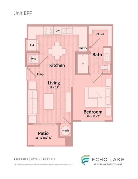 A floor plan of a unit at Echo Lake at Springwoods Village.