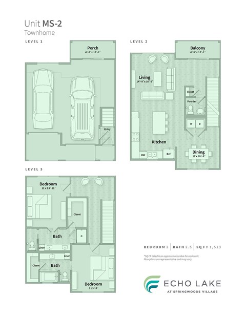 A floor plan for a townhome with three bedrooms and a garage.