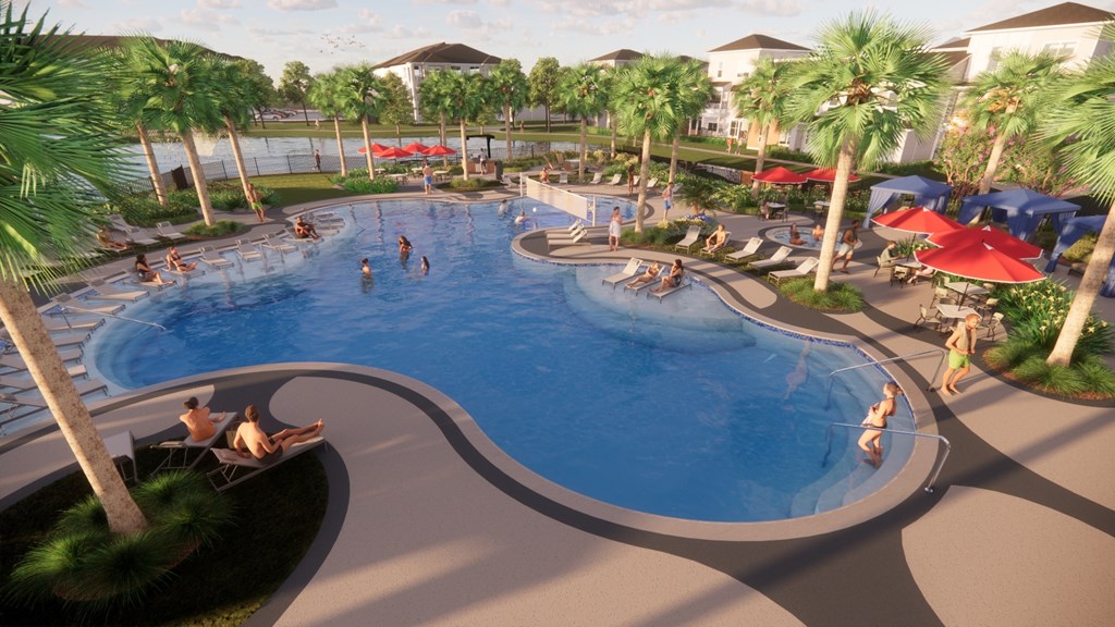 A large outdoor swimming pool with people in it.