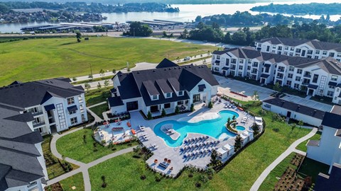 An aerial view of The Terrace apartment community with a view of Lake Conroe