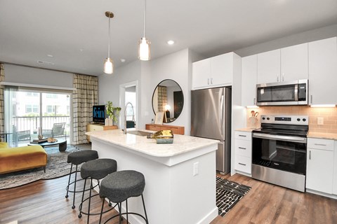 Apartment interior with open kitchen and living area