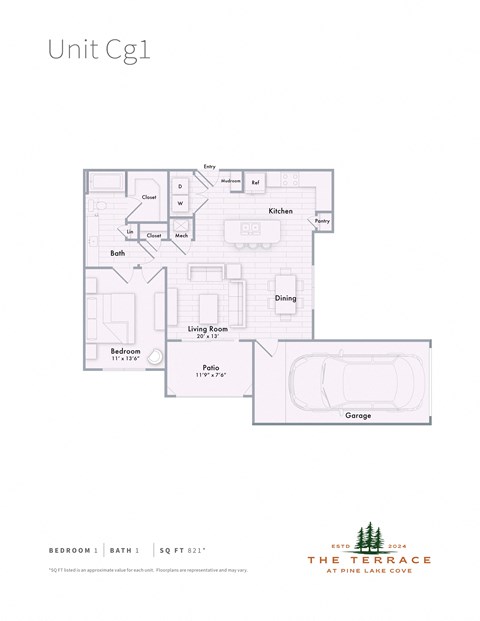 CG1 floor plan for apartment with an attached garage