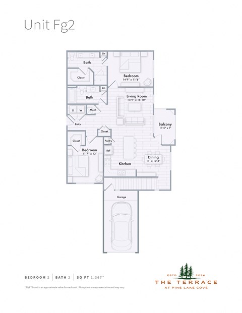 FG2 floor plan for a 2-bedroom apartment with attached garage