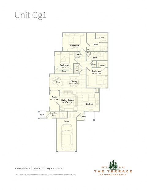 GG1 floor plan for a 3-bedroom apartment with attached garage