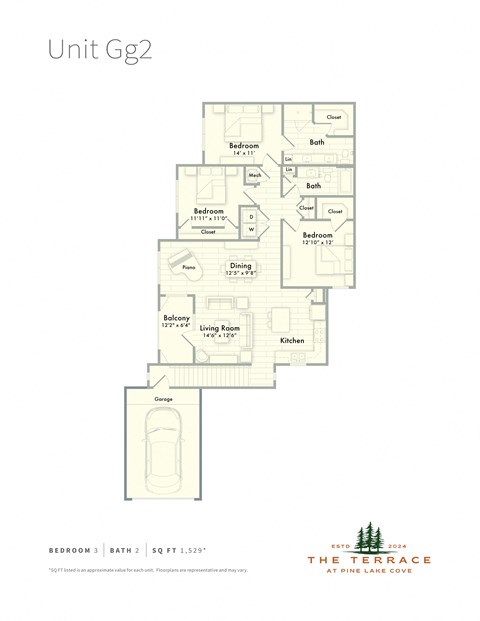 GG2 floor plan for a 3-bedroom apartment with attached garage