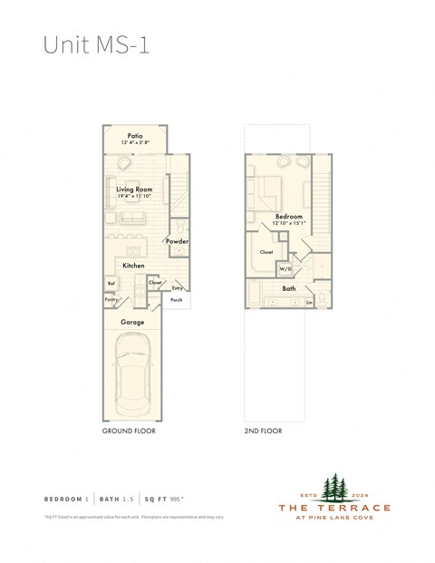 MS1 floor plan for a 1 bedroom townhome with attached garage