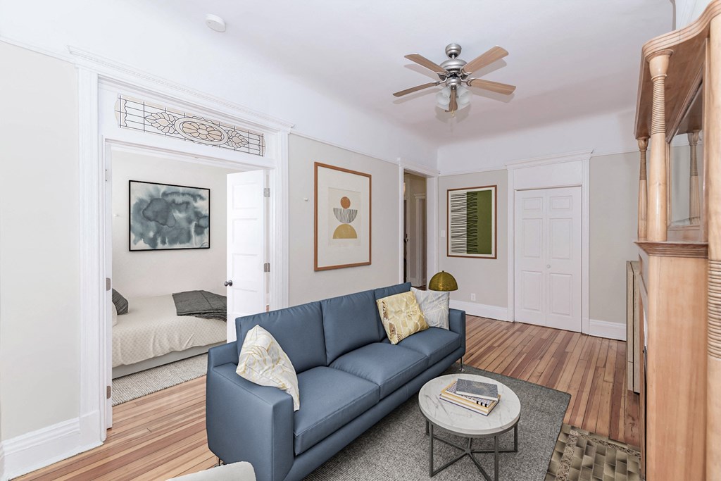 a living room with a couch and a coffee table