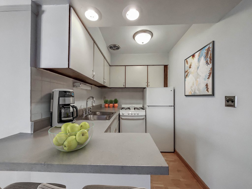 a kitchen with white cabinets and a bowl of green apples on the counter
