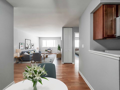 a view of the living room and dining room from the kitchen