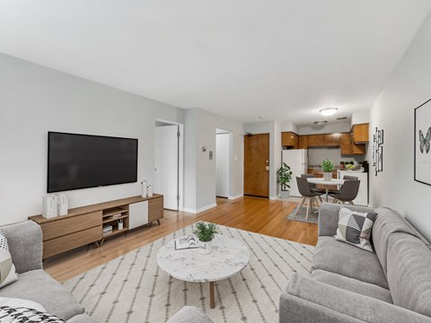 a living room with a couch and a coffee table