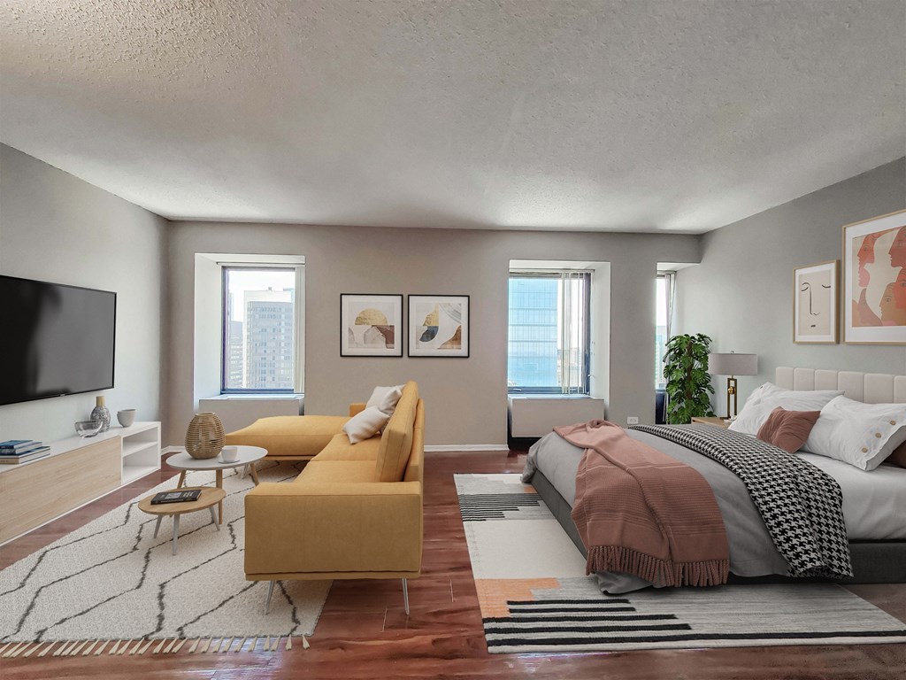 a bedroom with a bed and a couch and a tv