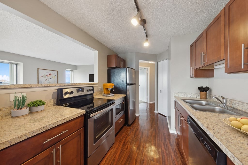 furnished kitchen with granite counter tops and stainless steel appliances and wood flooring
