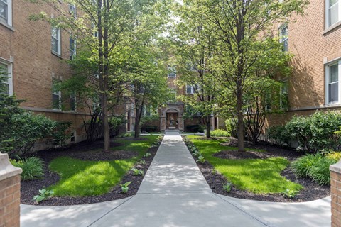 Brick courtyard with tree-lined walkway leading to Ashland Manor entrance, apartments in Ravenswood Chicago.