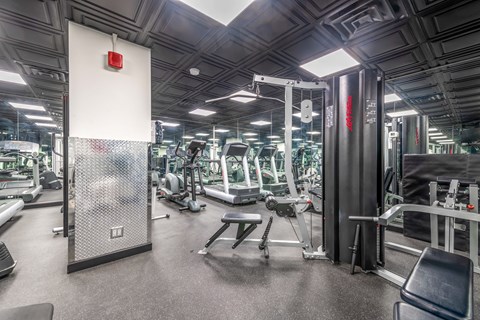 Buena Shores gym with treadmills, elliptical, cable machine, and mirrored walls