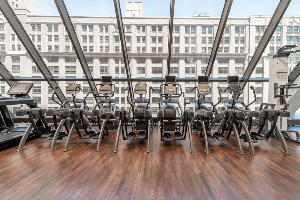 a row of cardio machines in a gym with a view of a building in the background