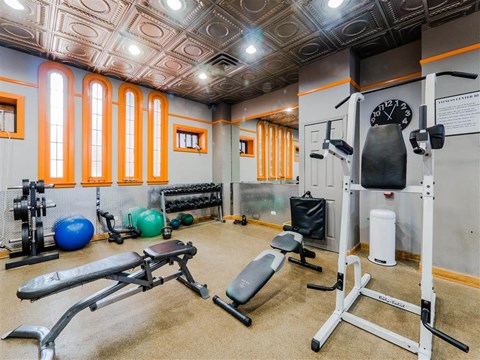 Fitness room with benches, dumbbells, stability balls and weight machine at The Patricians, Lincoln Park Chicago.