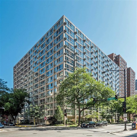 The Van der Rohe apartments on a tree-lined corner in Lakeview, Chicago.