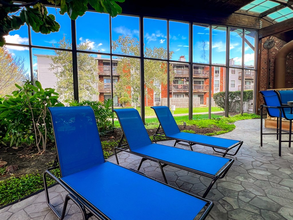 Two blue lounge chairs are placed on a patio.