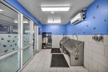 a laundry room with two sinks and a dryer