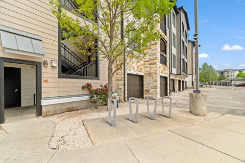 A tree in front of a building with a parking lot in the background.