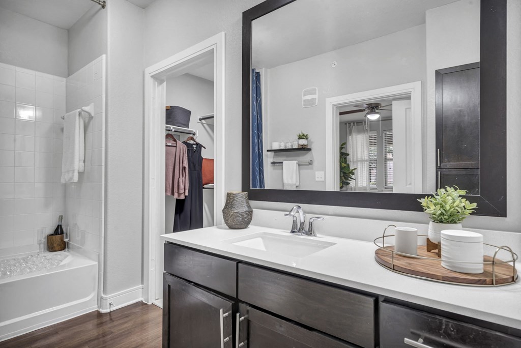 a bathroom with a sink and a mirror