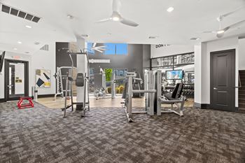 A gym with a variety of equipment including treadmills, weights, and a squat rack.