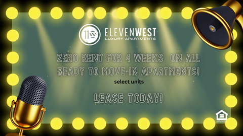A promotional image for Elevenwest Luxury Apartments offering zero rent for 4 weeks on all ready to move in apartments.