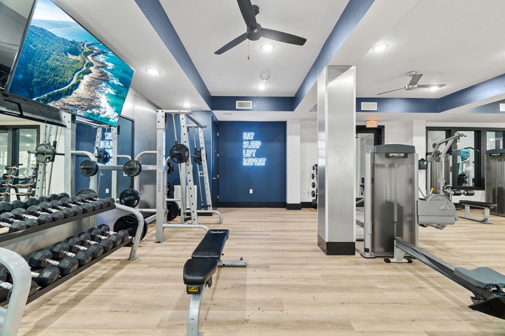 A gym with a variety of equipment including a bench, weights, and a treadmill.